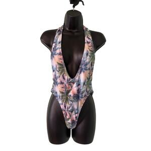 Hot Miami Styles Medium Halter Low V-neck Tie One Piece Swimsuit Tropical Print